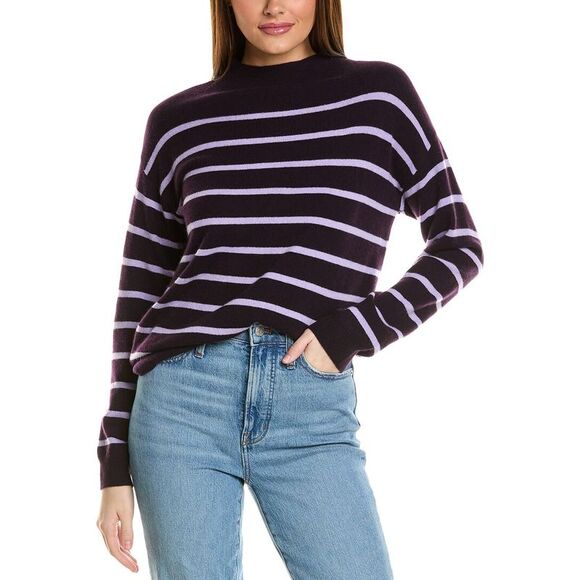 Amicale Cashmere WomensJersey Striped Funnel Neck Cashmere Sweater